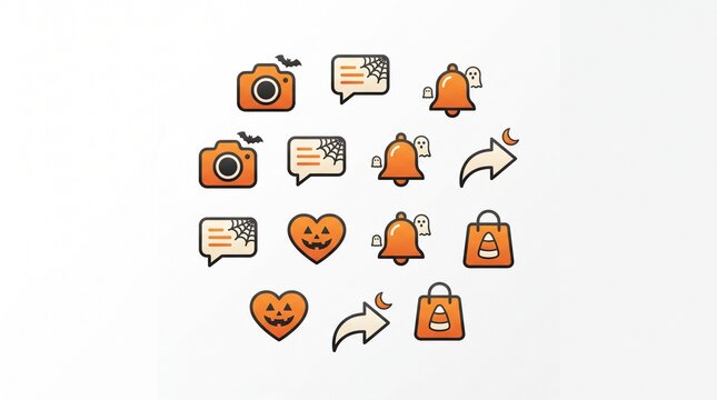 Halloween social media and ecommerce solid icon set containing icons for camera with bat spider web chat bubble ghost notification bell share arrow jack o lantern heart and shopping bag