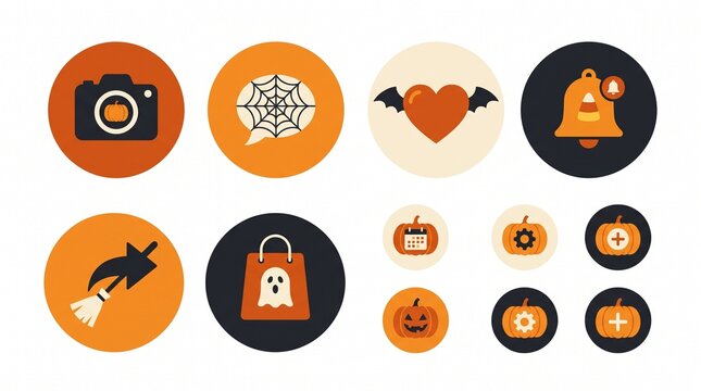 Halloween and spooky holiday vector icon set containing icons for camera spider web bat heart bell broomstick ghost bag and carved pumpkins for seasonal autumn celebration projects