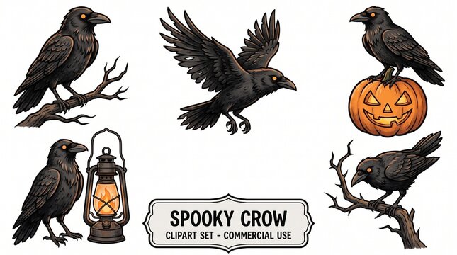 Halloween crow and raven vector illustration set. Featuring perched raven on bare tree branch flying crow raven on jack o lantern pumpkin and black bird with vintage oil lantern