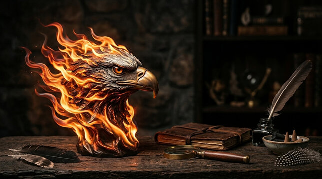 Majestic phoenix eagle head in flames on vintage scholar desk