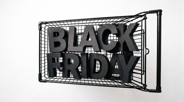 Black friday shopping cart filled with large dark typography letters against a minimal white background. Seasonal retail discount event promotion. Special commercial sale advertising design.