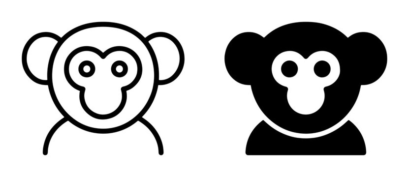 Monkey head line icon and filled silhouette set for app and web