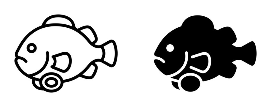 Fish icons set with simple cartoon characters for pet or aquarium design