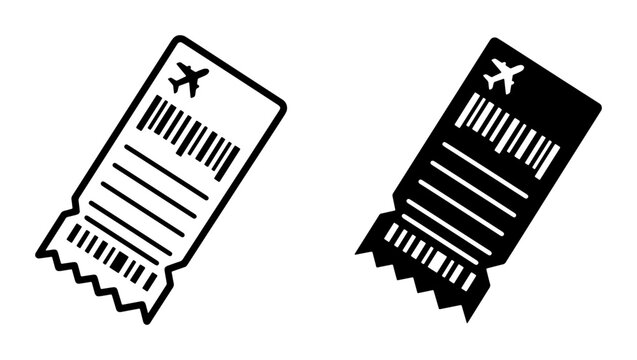 Airplane ticket icons set with barcode and plane symbol, travel booking and boarding pass