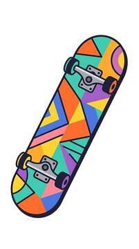 Colorful skateboard with geometric pattern isolated on white
