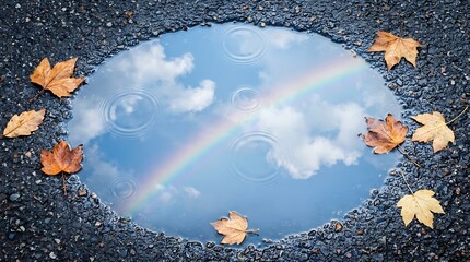 Fototapeta premium Autumn leaves float on puddle reflecting rainbow and clouds on wet asphalt.