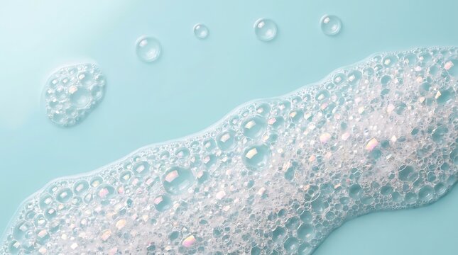 Intricate white soap foam patterns on light blue backdrop highlighting micro bubbles and iridescent textures for professional skincare branding and cosmetic ads.