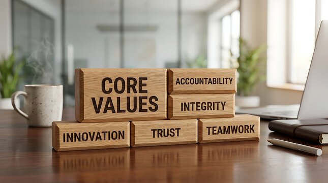 Wooden blocks with core values like accountability, integrity, innovation, trust, and teamwork.