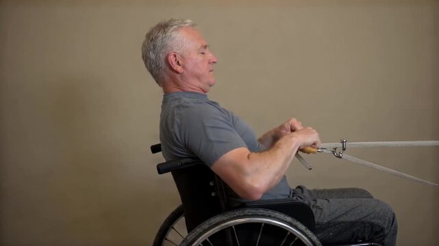 Middle-aged wheelchair user pulling a resistance band