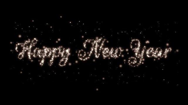 Happy New Year cursive text formed by sparkling champagne gold glitter particles on black background, festive greeting title in 4K