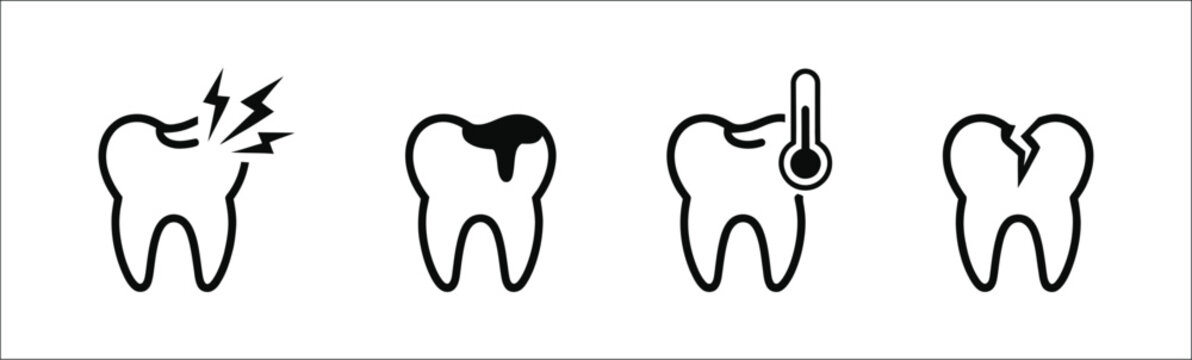 Dental problems and toothache icon set, cavity, sensitive, cracked and damaged tooth medical illustrations, oral health symptoms in flat line vector style
