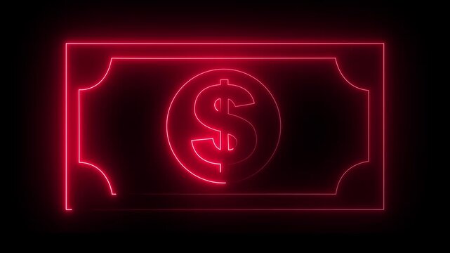 glowing neon dollar banknote icon animation on black background. dollar banknote icon. stacked dollar bills representing finance, banking, savings, and economic wealth concept. 