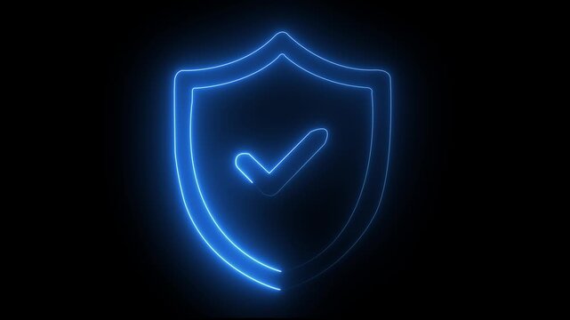 Glowing neon check mark icon animation. Neon Yes mark icon . Glowing neon line Shield check mark with check mark icon isolated on black background & blue color Video motion graphic ..