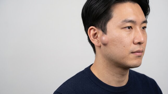 Portrait of an Asian man with a large sebaceous cyst or lipoma lump on his face near the ear