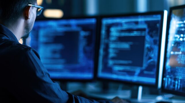 Programmer in glasses working on code on multiple monitors in a dark office