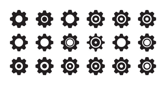 Collection of black cog wheel icons vector graphic, representing industry and technology concepts.