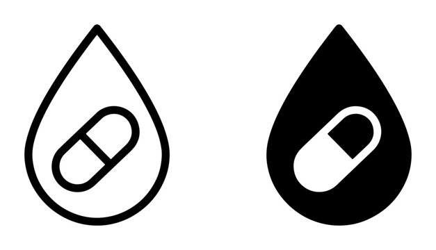 Pill in drop silhouettes set with capsule and liquid symbol for medical or healthcare logo