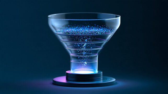 surreal 3D sales funnel powered by artificial intelligence, glowing customer particles entering a wide transparent funnel and automatically moving through personalized stages toward a bright