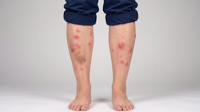 Person standing showing multiple painful red nodules on lower legs indicative of erythema nodosum
