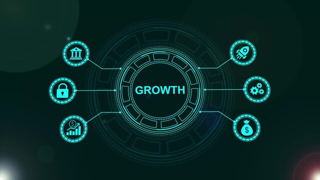 Business growth digital hud interface with financial and rocket launch animation for corporate strategy and marketing presentations