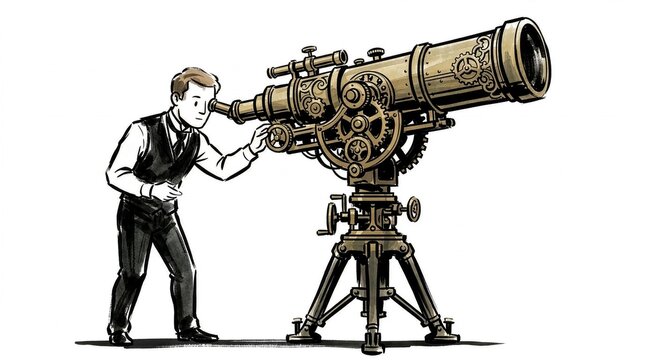 Sketch illustration of a man looking through a large antique telescope