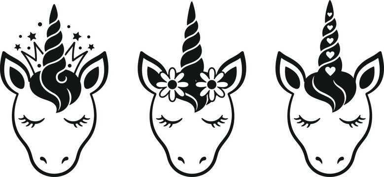Set of cute baby unicorn face silhouette with floral crown and horn vector illustration for kid t-shirt design