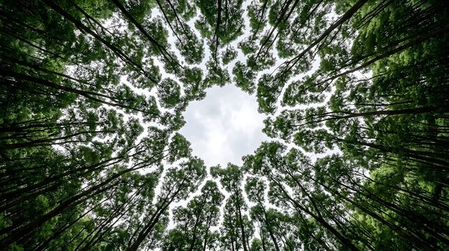 Low angle view of dense green tree canopy reaching toward cloudy sky creating circular frame from forest floor perspective in lush vibrant summer environment.