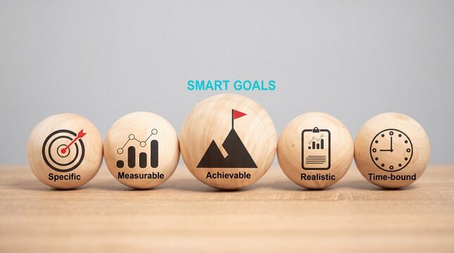 SMART goals business strategy, wooden spheres with specific measurable achievable realistic time-bound icons.