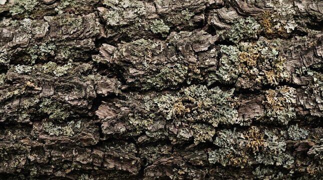 High resolution shot of horizontal tree bark surface densely populated with mint green and golden lichen colonies creating intricate organic pattern.
