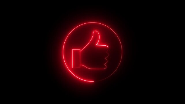 Glowing neon red icon of a thumbs-up hand gesture enclosed within a circular frame against a black background. Animated social media like notification, user approval indicator, positive feedback.