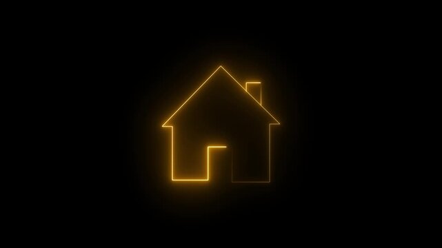 Glowing neon yellow icon of a classic house silhouette with a peaked roof, chimney, and doorway against a black background. Animated home navigation button, main dashboard landing page indicator.