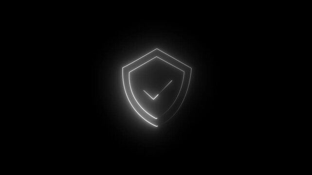 Glowing neon white  icon of a protective security shield featuring a central checkmark against a black background. Animated cybersecurity verification status, system defense active callout.