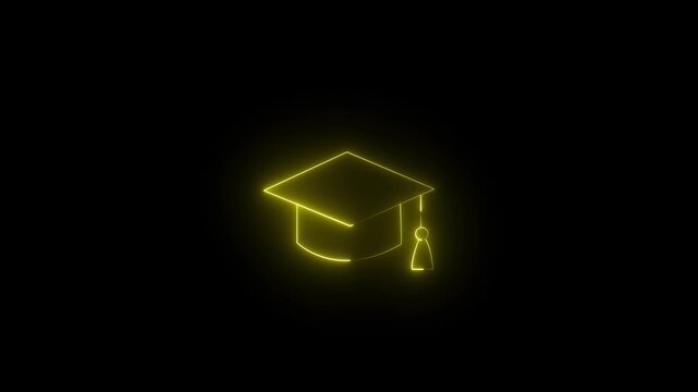 Neon yellow  icon of a graduation cap mortarboard with a hanging tassel against a black background. Animated educational degree completion indicator, online learning platform badge.