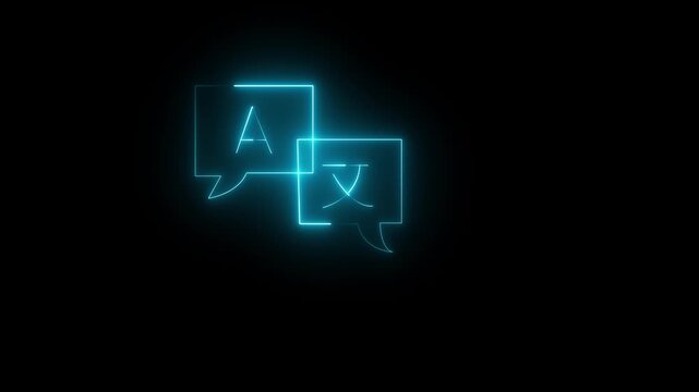 Neon cyan con of dual overlapping rectangular speech bubbles, one containing the Latin letter "A" and the other containing a Asian character, against a black background. Animated language translation 