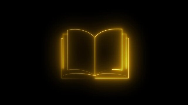 Neon icon of an open book with turning pages against a black background. Animated digital library catalog indicator, e-learning manual guide, documentation reader status, online education .