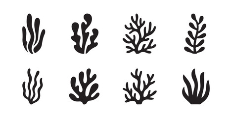 Obraz premium Underwater coral and seaweed black silhouettes collection for marine life and ocean environment art.