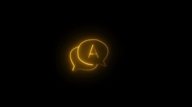Neon yellow icon of dual overlapping rounded speech bubbles containing the letter "A" against a black background. Animated multilingual translation indicator, chat dialog box, dual-language c