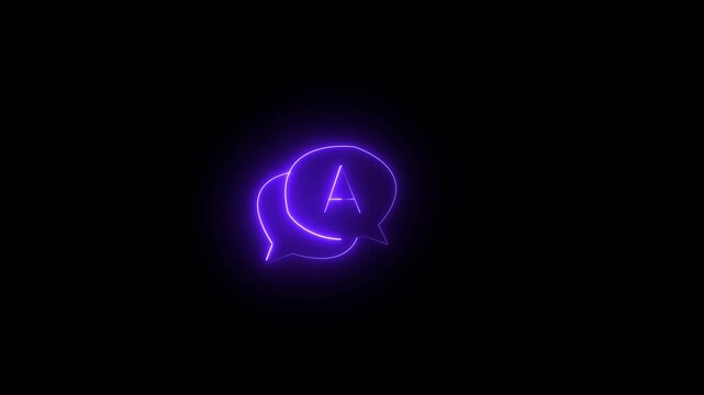 Neon icon of dual overlapping rounded speech bubbles containing the letter "A" against a black background. Animated multilingual translation indicator, chat dialog box, dual-language c