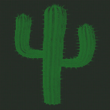 Green cactus silhouette made of digital led dot matrix pattern on a dark background, retro pixel art style graphic design element