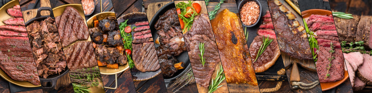 Rustic panoramic collage of grilled beef steaks braised oxtail ribs and roasted pork arranged on warm wooden surfaces