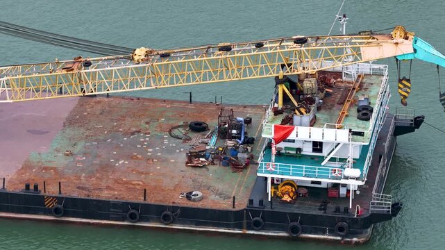 Industrial Crane Barge Vessel Anchored in Offshore Waters