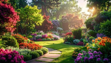 Fototapeta premium A sun-drenched garden path winds through a vibrant landscape of colorful flowers and lush greenery.