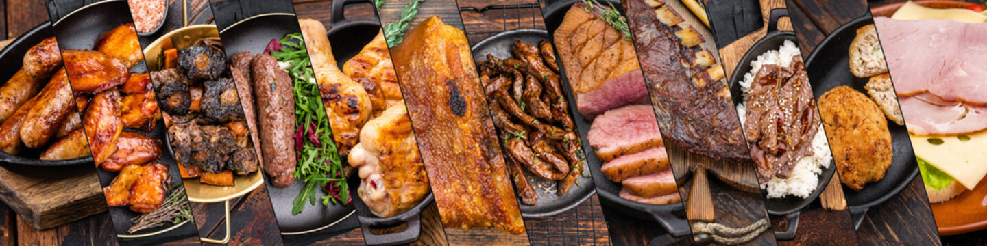 Rustic meat feast with sausages chicken braised oxtail roast pork duck ribs and ham arranged in twelve angled panels