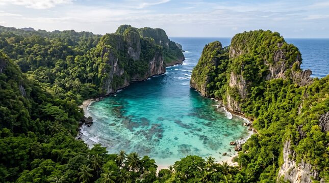 Cinematic aerial drone revealing a hidden turquoise lagoon