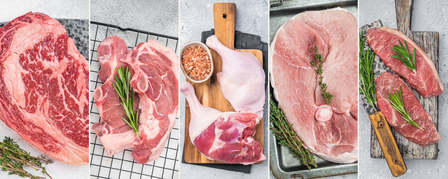Raw beef steaks, lamb chops, chicken legs and pork leg steak arranged with herbs in a five panel collage on pale stone