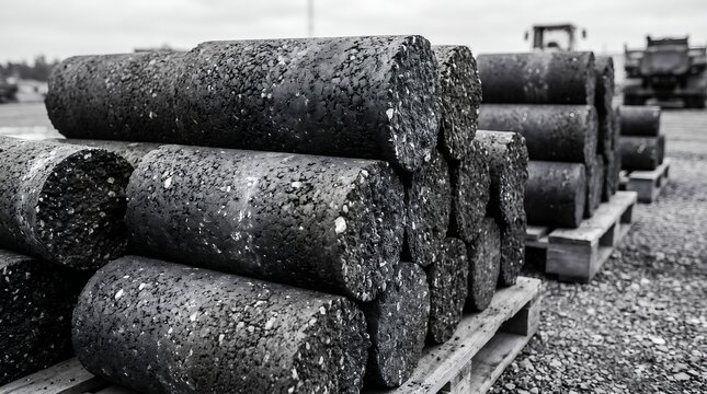 Industrial asphalt samples stacked on pallets for quality control
