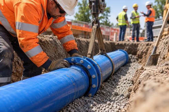 worker tightens a water main connection in a trench