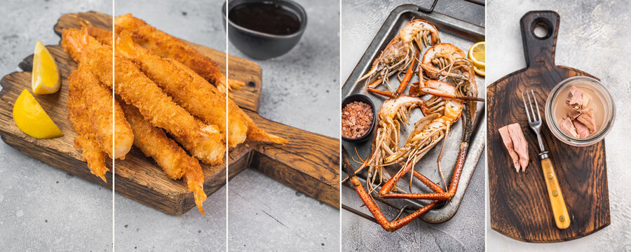 Crisp breaded shrimp beside split langoustines and tuna in a glass jar in a light seafood snack collage on wooden boards