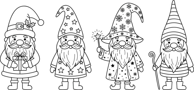 Set of cute Christmas gnomes with wizard hats and gift box outline vector illustration for holiday coloring book