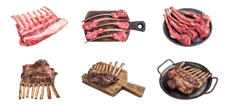 Raw lamb rib chops and roasted racks arranged on wooden boards and dark serving plates in six views isolated on white